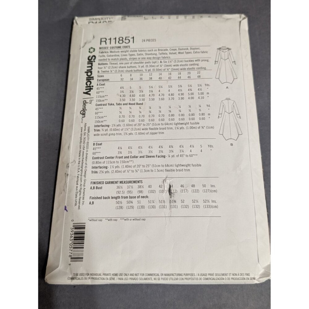 Simplicity Pattern R11851 Cosplay Costume Steampunk Long Coat H5 sz 6-14 UNCUT - Picture 2 of 2